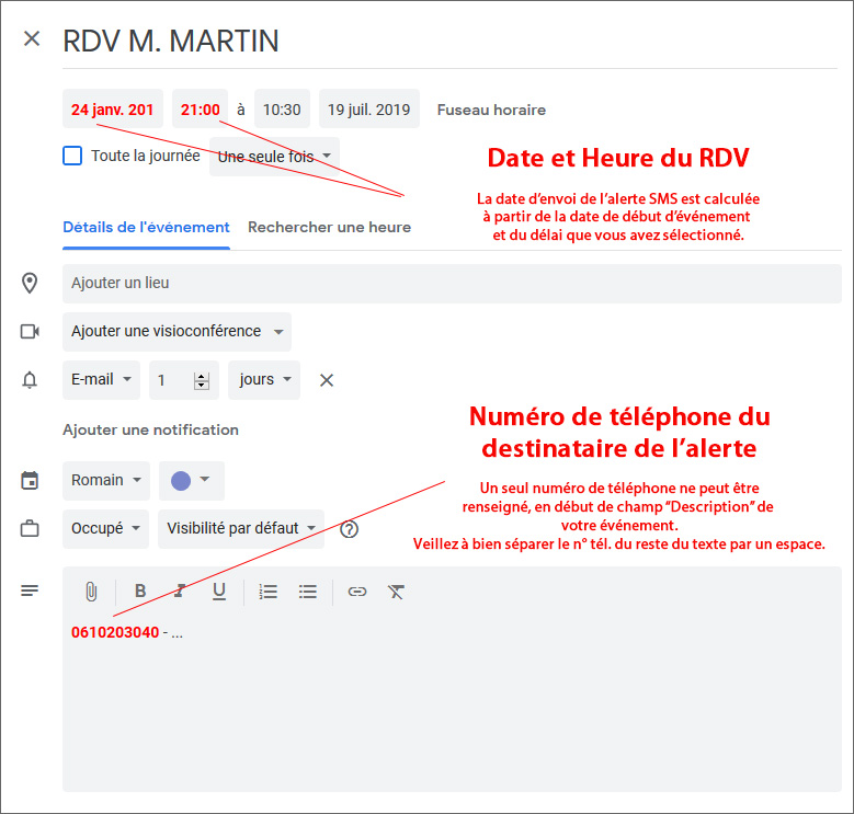 Ajout numéro destinataire - Plugin Google Agenda
